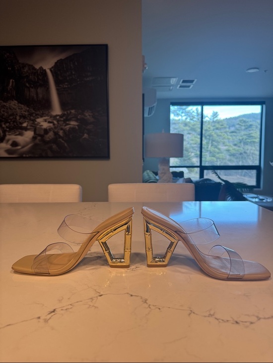 NWT cult gaia Valerie Sandal in Clear Two-Strap Mule Bamboo Gold Accent Heels - Picture 2 of 9